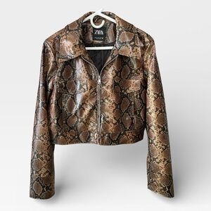 ZARA Snakeskin Snake Print Bomber Jacket Womens XL Dark Brown Black Faux Leather